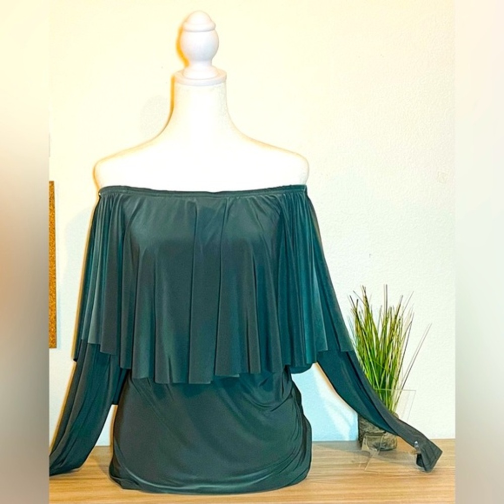 Boohoo Off Shoulder Jersey Satin Top, Olive Green, Size 12